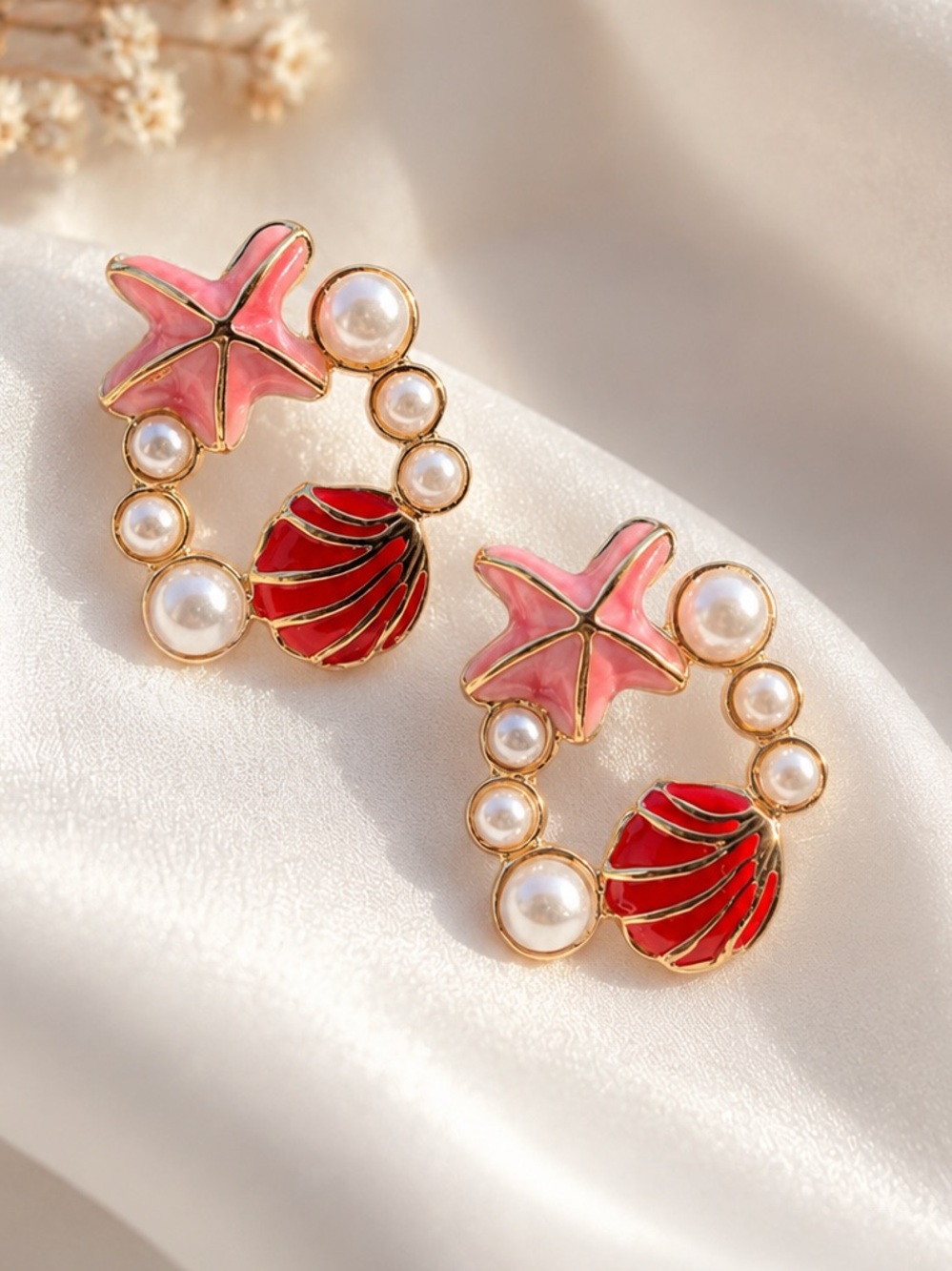 Pink Starfish & Red Seashell Pearl Hoop Earrings Summer Vibes